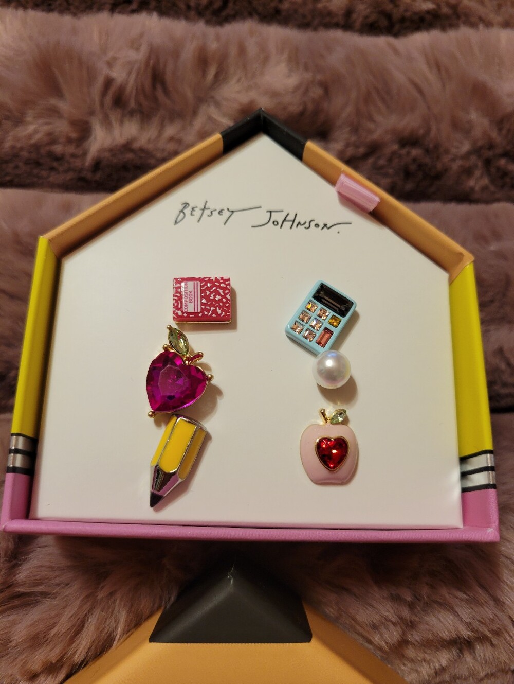 Betsey Johnson Pink Red Yellow School Charm Stud Earrings